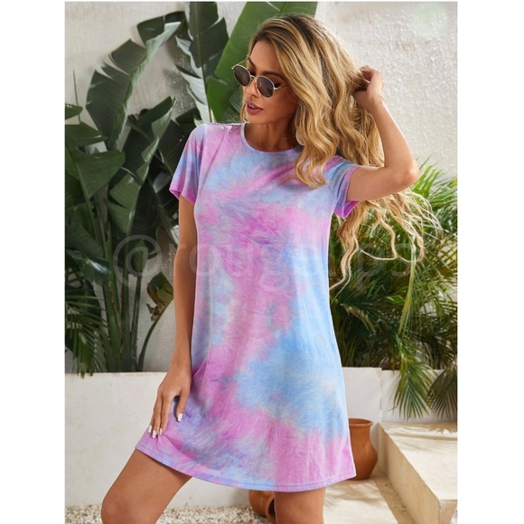 Tie Dye Print Mini Tee Shirt Dress Short Sleeve Pink Blue A-Line - Picture 1 of 7